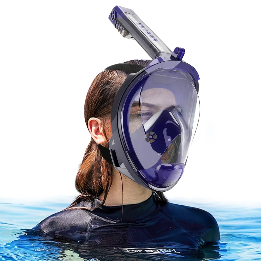 HINATAA Full Face Snorkel Mask, 180°Panoramic View Double Floating Ball Snorkeling Mask, Anti-Fog Full Face Diving Mask, with Detachable Camera Mount, for Adults Youth (Purple, S/M)