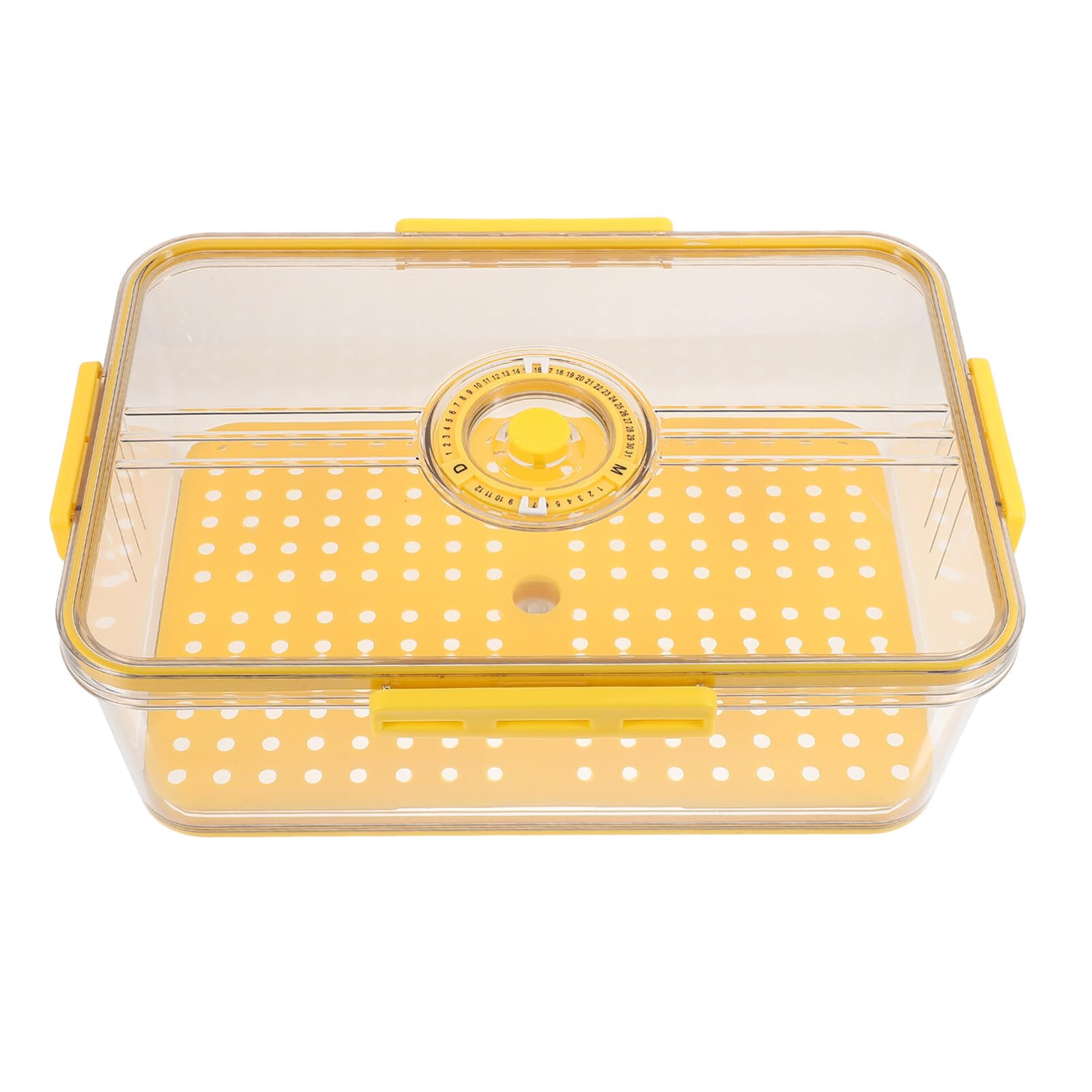 Kühlschrankbox Frischebox aus Pet mit 4-seiten Verschluss und Dichtungsring | Abtropfplatte, Gelb, für Küche und Vorratsraum, mit Zeitwahl für Obst und Zutaten