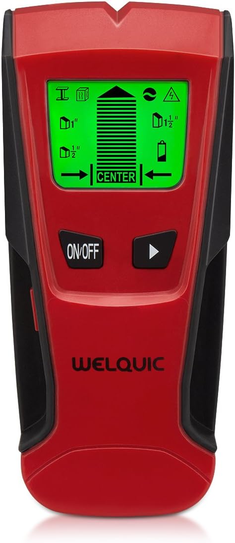WELQUIC Electric Center-finding Stud Finder with 3-in-1 Metal AC Wires Wood Scanner with Backlit LCD Screen and Beeping Signal Alert, Black and Red