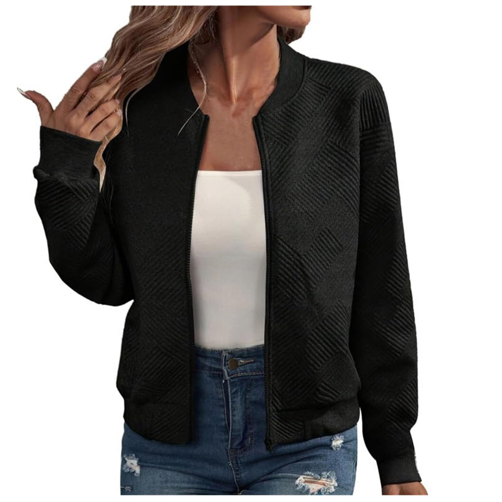 YAOJIWANG Femme Veste de Pilote Courte Veste D'été Légère à Fermeture éclair Blouson Couleur unie pour Femmes Vestes Fine à Manches Longues Vêtements de Décontractées Vêtement Sport Zippée Légère