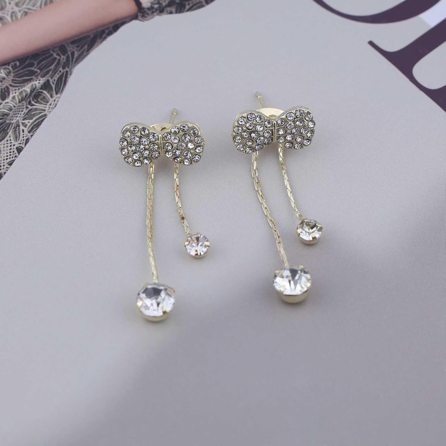 Andelaisi Boho Crystal Bow Ear Jacket Earrings Vintage Crystal Tassel Chain Drop Earrings Gold Crystal Bow Studs Earrings Bling Cz Bow Front Back Earrings Jewelry for Women - Image 6