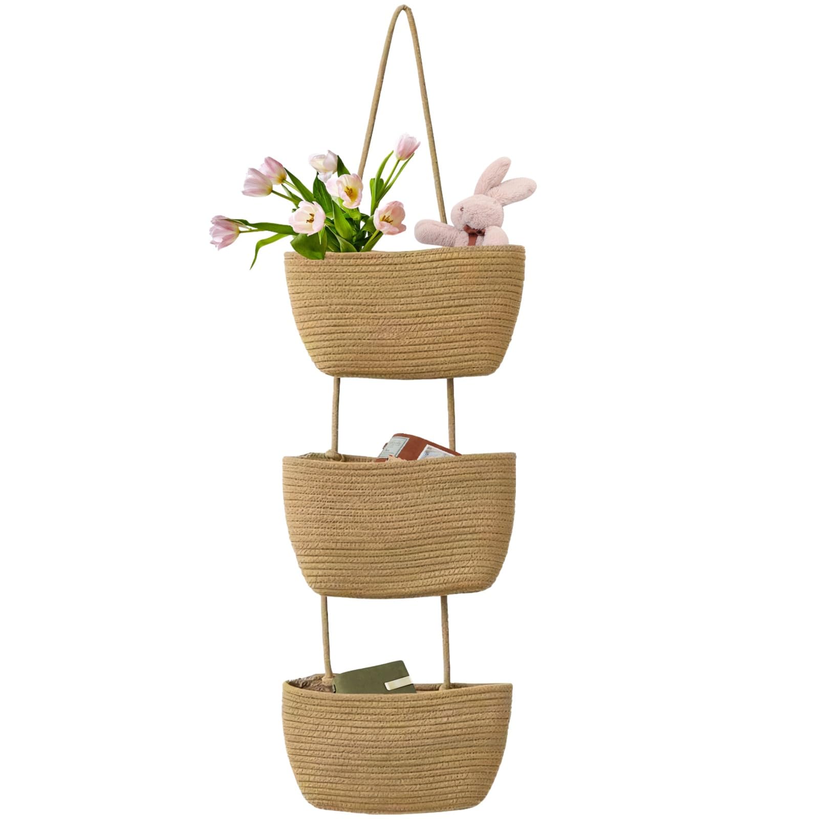 Cesto portaoggetti da appendere alla parete a 3 livelli, in corda di cotone intrecciata, cesto portaoggetti staccabile, cachi sopra la porta, per soggiorno, camera da letto, cucina, design pieghevole