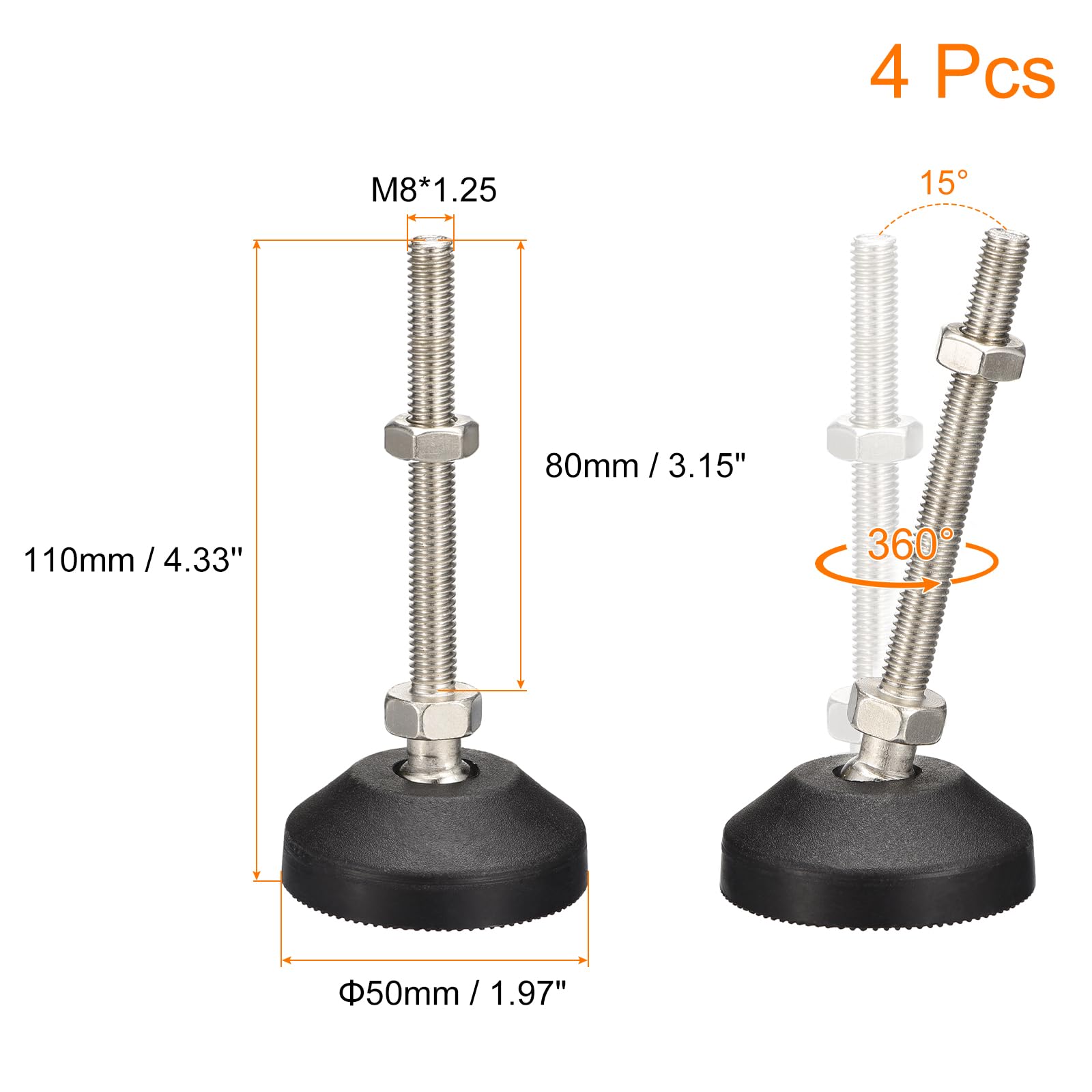 sourcing map Möbel-Nivellierer, M8 x 80 x 50 mm, Nylon, Universal-Nivellierfüße, verstellbare drehbare Tischfüße für Möbel, Werkstatt, Maschinen, Ausrüstung, 4 Stück