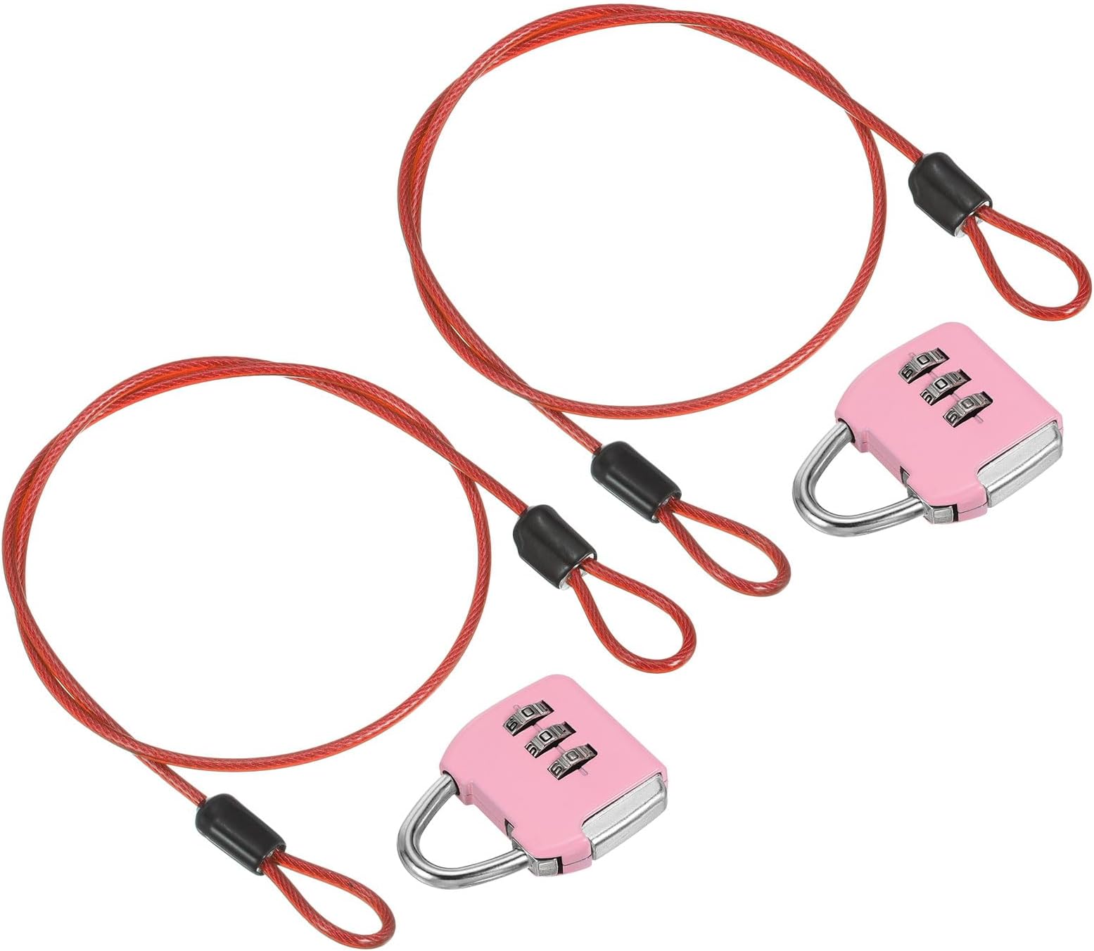 PATIKIL Security Steel Cable 3 Digit Combination Lock Set of 2 Travel Padlocks 1.6ft Coated Safety Wire Rope for Luggage Suitcase Double Loops Pink