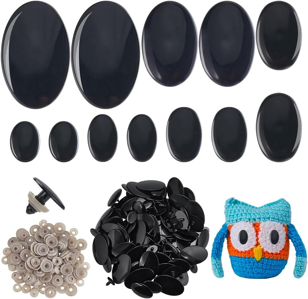 PH PandaHall 120pcs Oval Safety Eyes, 6 Sizes Black Amigurumi Safety Eyes Stuffed Animal Eye Resin Craft Eye with Washer for Crochet Plush Animals Amigurumi Puppet Teddy Bear, Matte Surface