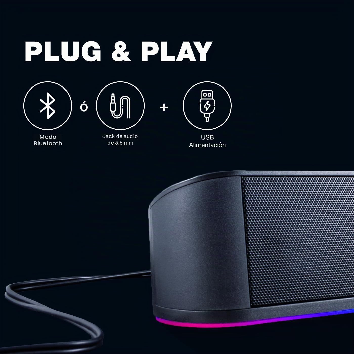 CoolBox DeepGaming Barra Sonido PC con Iluminación RGB R200B - Altavoces PC Gaming Estéreo 2.0, 6 W RMS, Entrada 3,5 mm Jack + Bluetooth 5.0, para PC, Ordenador Portátil, TV - Negro