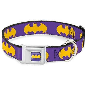 Dog Collar Seatbelt Buckle Batman Signal Purple Yellow 18 to 32 Inches 1.5 Inch Wide