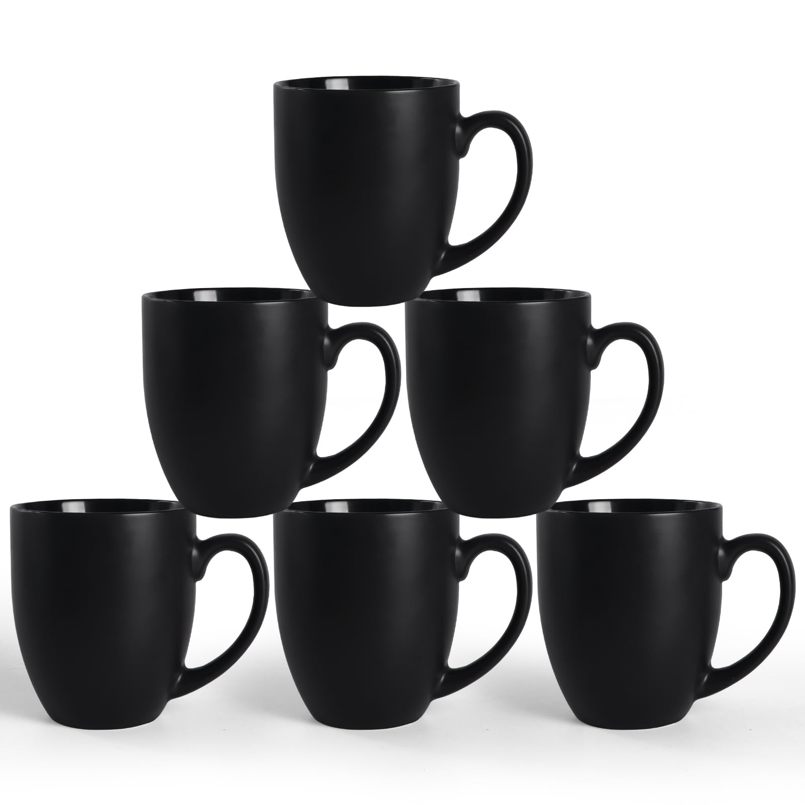 16 OZ Black Stoneware Mugs Set of 6, Large Ceramic Coffee Cups with Handle, Porcelain Mugs for Latte, Milk, Tea and Juice