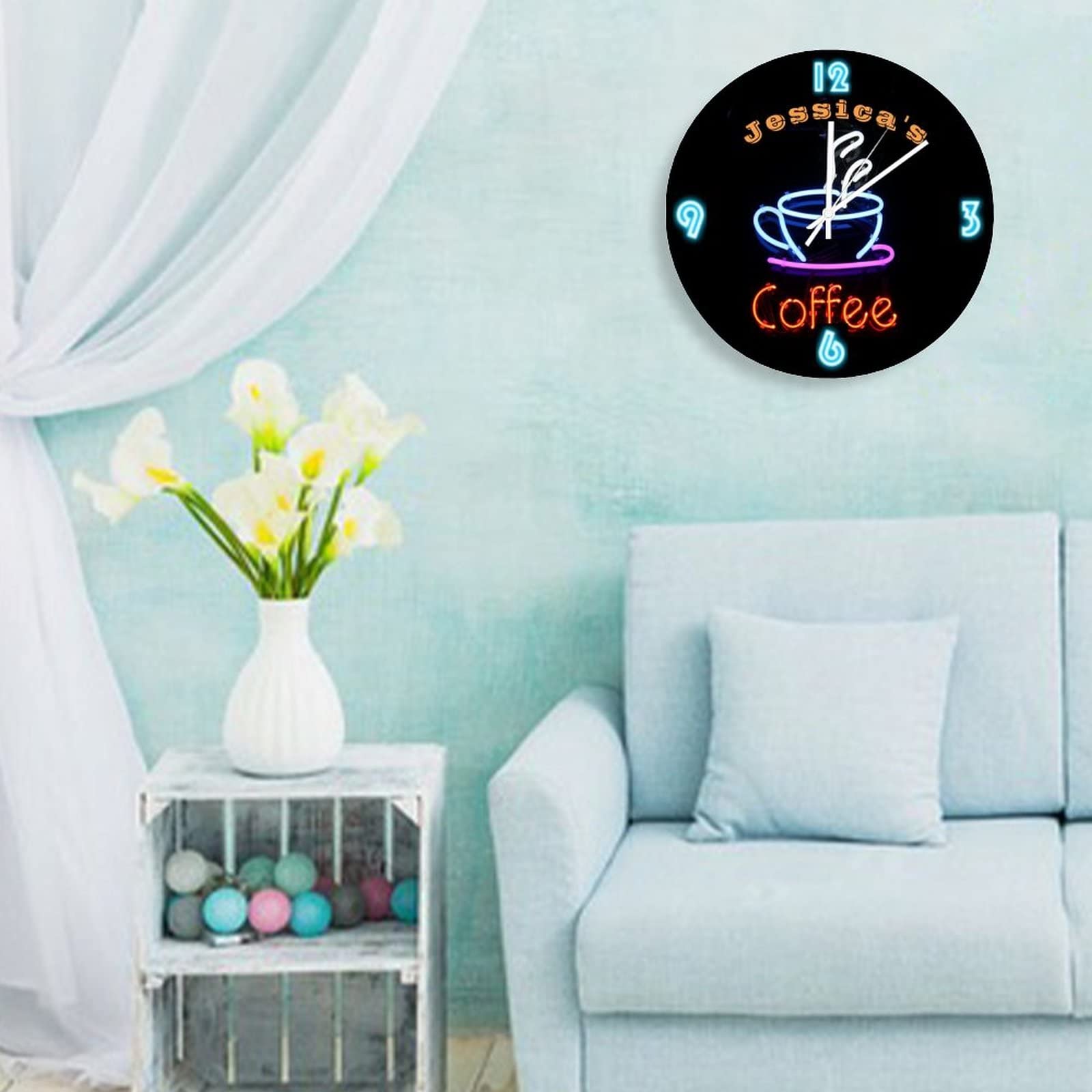 Funlucy Decorative Silent No Ticking Wall Clock Neon CAFE COFFEE Round Modern Wooden Clocks For Bedroom Living Room Home Office School Wall Art Decor