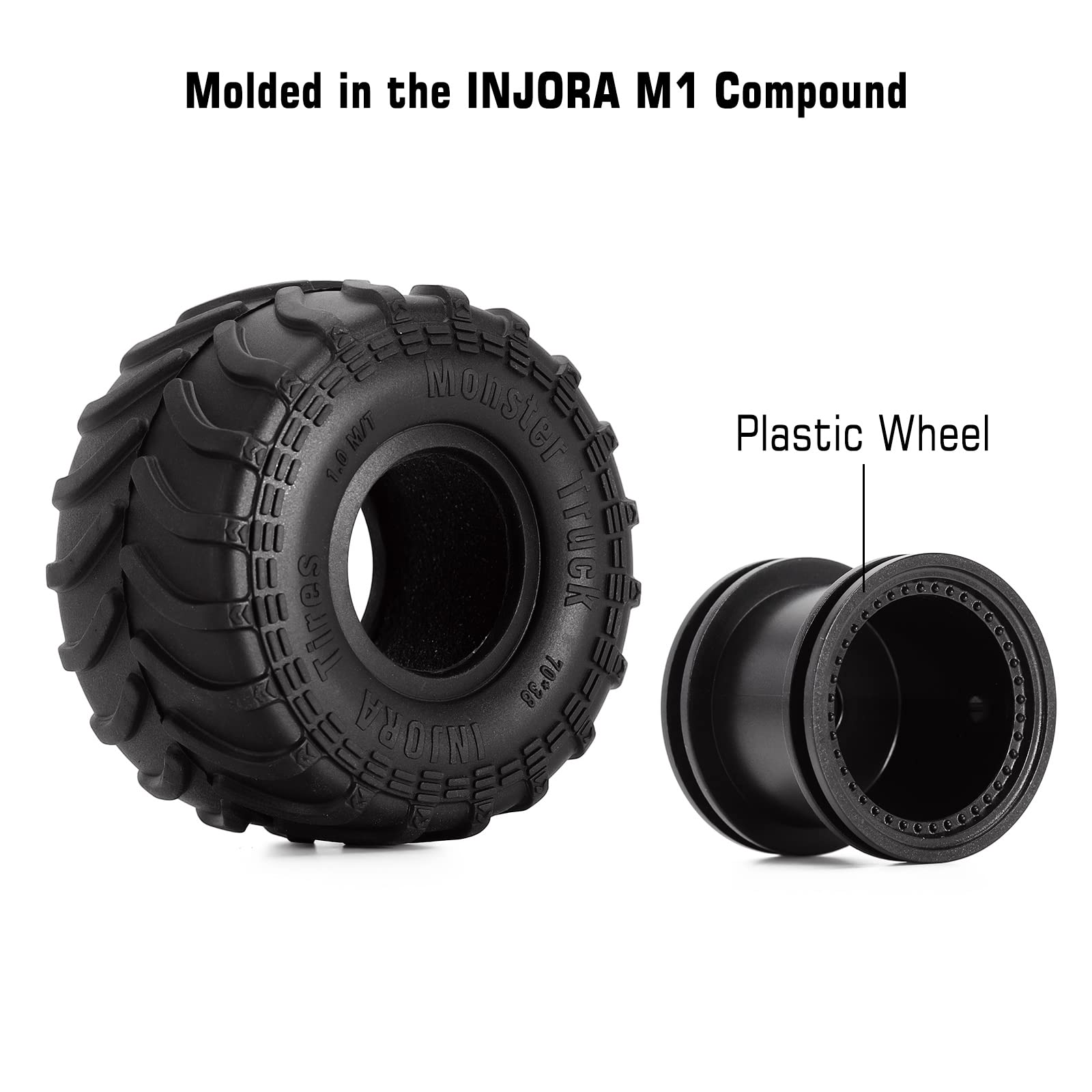 INJORA RC Monster Truck Pneumatico e Beadlock Cerchi 70 * 38mm 4pcs per 1/24 RC Crawler Car SCX24 Gladiator Bronco C10 JLU Deadbolt B17 FMS FCX24 FCX18,Nero