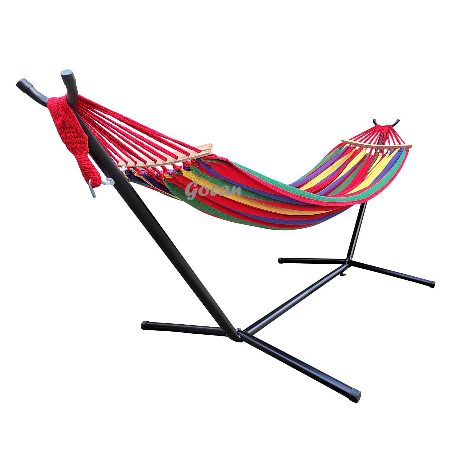 Double Hammock 2 Person Large 220x160cm with Steel Stand and Removable Spreader bar Load 500lb, Canvas Cotton Hammocks for Patio Porch Garden Backyard Outdoor and Indoor,red