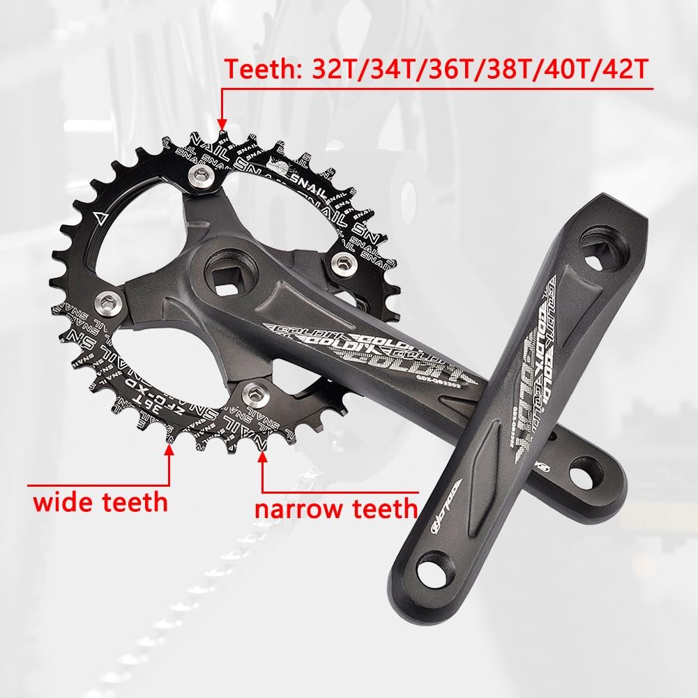 Guarnitura per Mountain Bike a velocità Singola 170/175 mm, pedivelle con Fori a Diamante per Bici da Strada con 104 corone Rotonde Strette e Larghe da 32/34/36/38/40/42 Denti, ADA