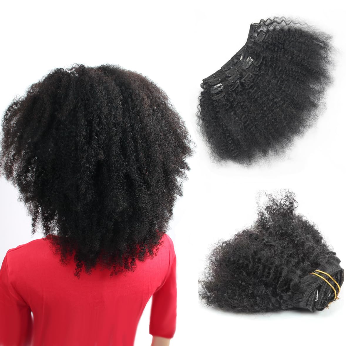 Afro Kinky Curly Clip in Human Hair Extensions for Black Women, 8 inch Kinky-Curly Clip ins Hair Extension 7 Pcs/Set 70 Gram Natural Black Color