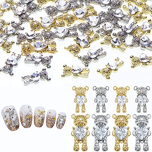 50 Pieces 3D Bear Nail Art Decoration Cute Bear Nail Charm Rhinestone Bear Manicure Decoration Diamond Bear Nail Charm 3D Alloy Nail Art Decoration for Women DIY Nail Art Design, Gold and Silver