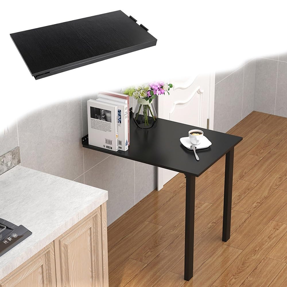 GDMDPTE Wall-Mounted Folding Table with Support Legs Space-Saving Drop-Leaf Design for Kitchen & Home Office Compact Black Table (90x50cm / 35.5x20in)