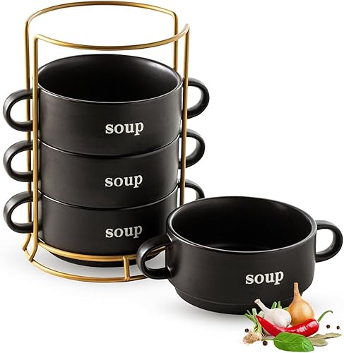 LAUCHUH Tazones de sopa con asas, cuencos de sopa de porcelana de cebolla francesa de 20 onzas con estante apilables para cocina, día del padre,
