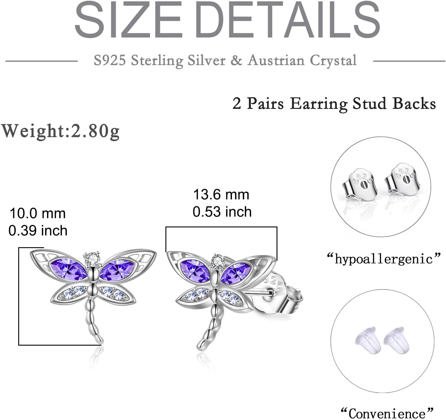 AOBOCO Dragonfly Earrings Studs with Crystal Sterling Silver Dragonflies Jewelry Gifts for Women Birthday Christmas Gifts