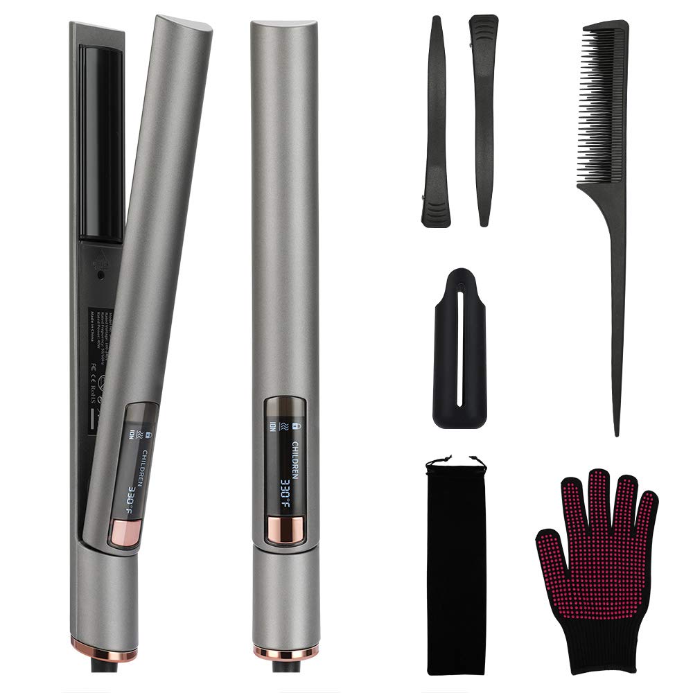 Hair Straightener and Curler 2 in 1, MANLI Professional Ionic Flat Iron for Hair Styling with Adjustable Temperature, 3D Floating Ceramic Titanium Plate Straightening Curling Iron with LCD Display