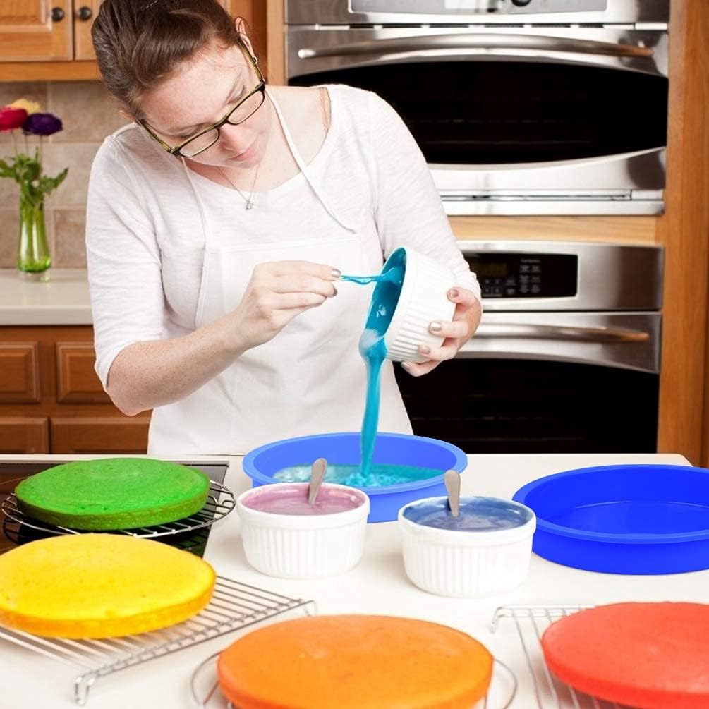 Round Silicone Cake Baking Pan - 8 Inch Rainbow Layer Cake Molds / Nonstick & Quick Release Baking Pans for Vegetable Pancakes Pizza Taco Cheese Cakes / Set of 4