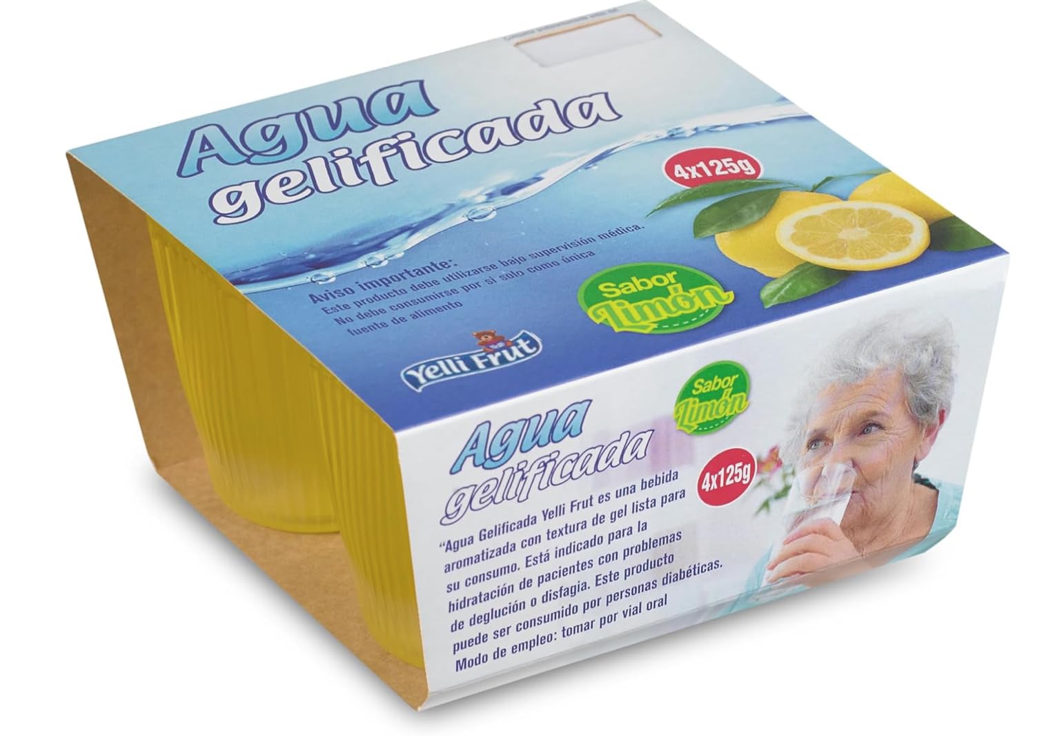 Agua gelificada. Espesante para disfagia. 3 Sabores en tarrina 125 gramos. Pack de 6x4 = 24 tarrinas. Agua gelificada disfagia sabores. Aguas gelificadas para hidratar con plena seguridad. (24, Limón)