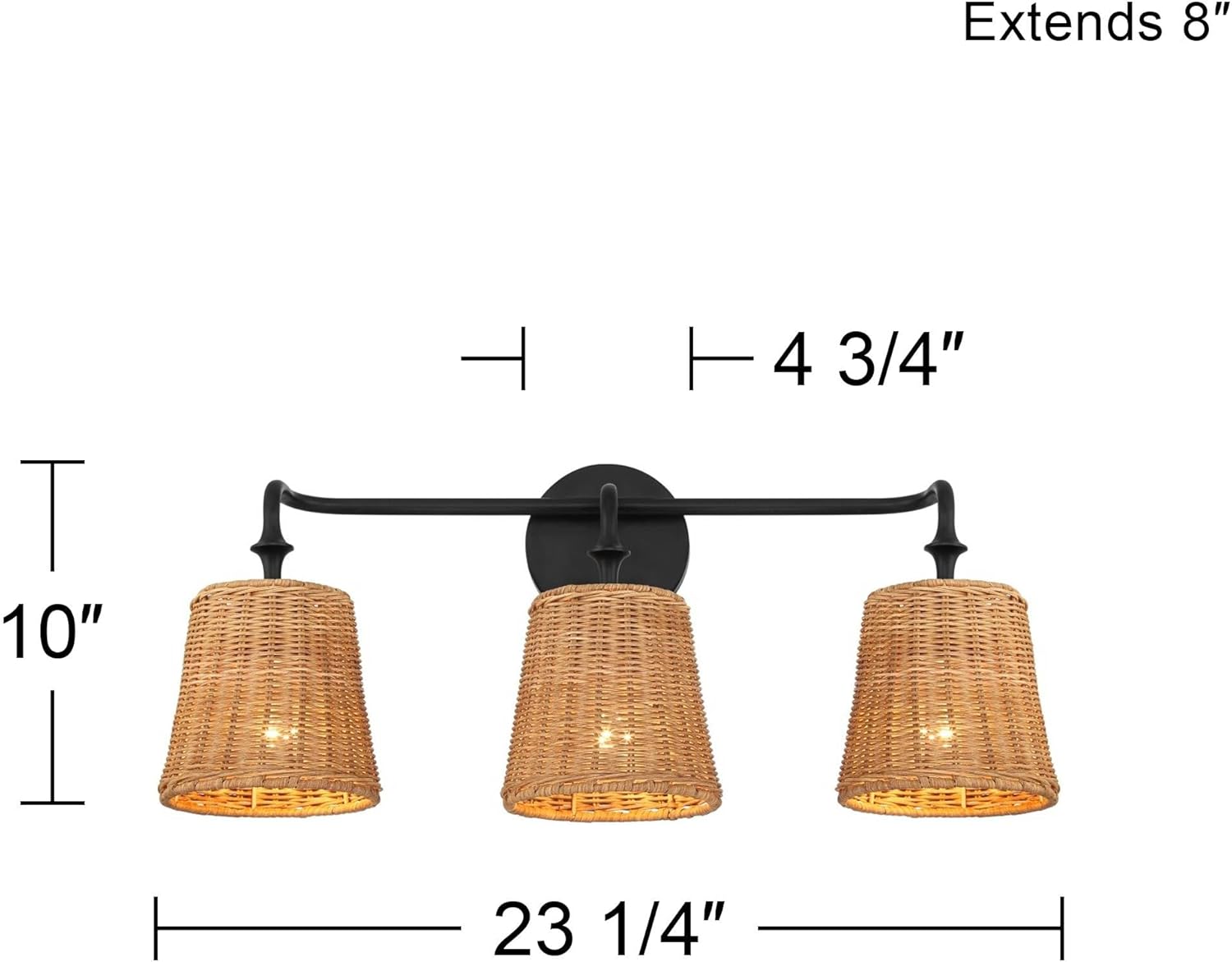 360 Lighting Keanu Farmhouse Rustic Cottage Wall Light Matte Black Hardwire 23 1/4" 3-Light Fixture Natural Rattan Shade for Bedroom Bathroom Bedside Vanity Living Room Mirror Hallway Dining