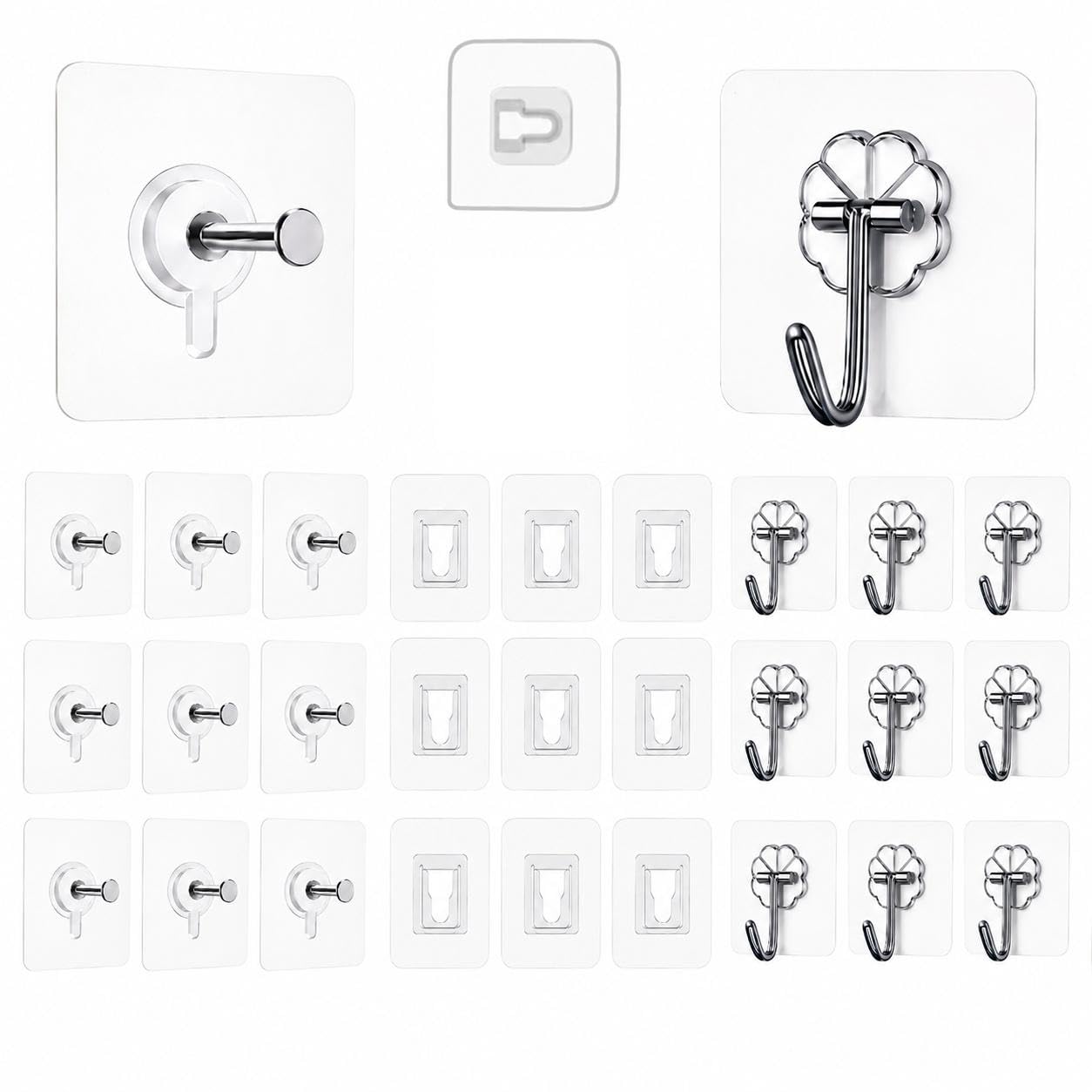 30 Pcs Self Adhesive Wall Hook Combo Set | 10 Round Stud Hooks + 10 Transparent Adhesive Plates + 10 Flower Style Hooks | Heavy Duty Waterproof No Drill Wall Hooks for Kitchen Bathroom Home-image-38