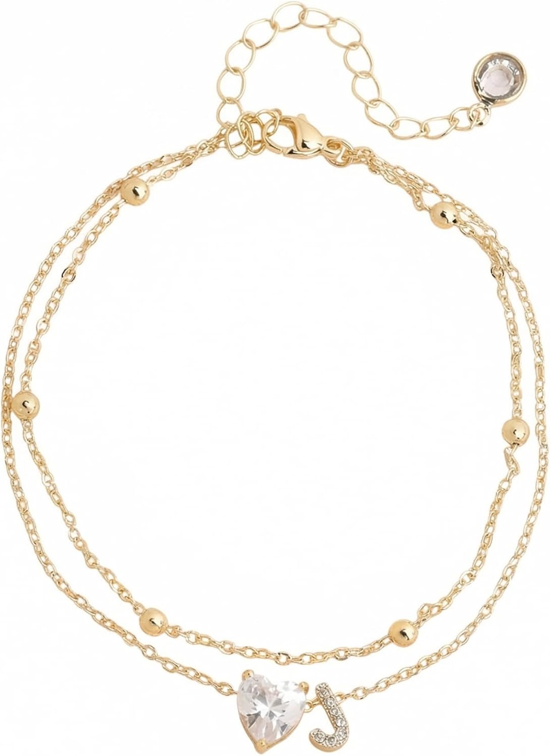 Gold Initial Heart Rhinestone Layered Link Anklets for Women, Handmade Stackable Waterproof Simple Foot Summer Beach Anklet Jewelry Accessories Gift.