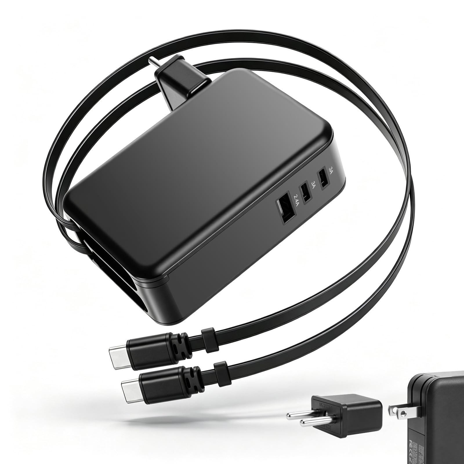 GaN - Caricatore rapido retrattile 5 in 1, 65 W, doppio tipo C, cavo di ricarica retrattile con 3 porte, 2 USB C e 1 USB A, cavo di ricarica estensibile per MacBook, iPhone, Galaxy, iPad