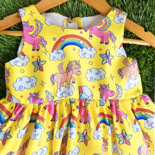 Image of Stanwells Kids Baby Girls Off-White Animal Print Cotton Rayon Knee-Length Frock | Sleeveless Summer Dress with Lion Print & Flared Back Zipper (6 Months-7 Years)