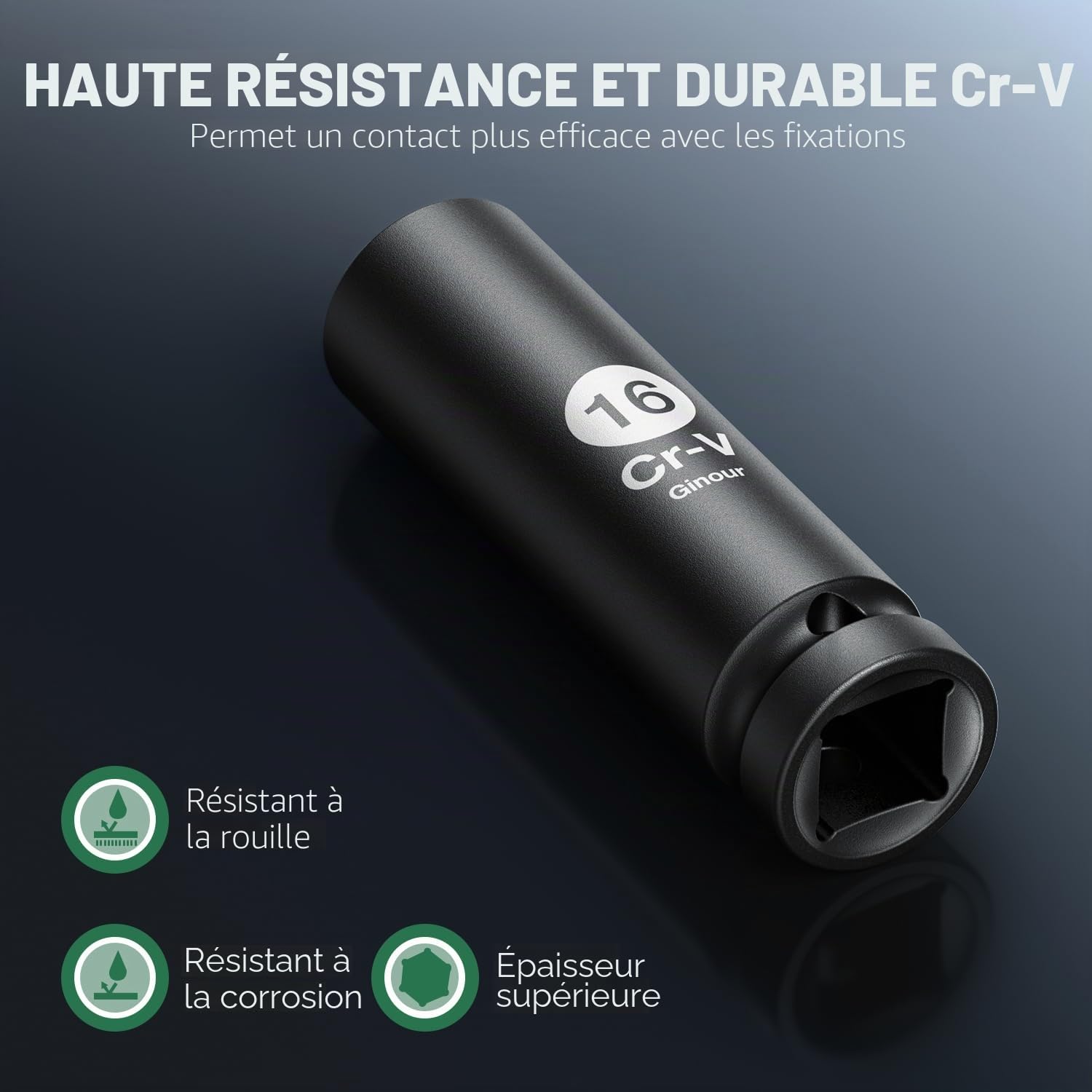 Jeu de douilles à choc 20 pièces, CR-V 8-24mm Ginour Coffret de douilles 1/2" 16 pièces 6 Pans avec rallonge 3, 5,10-inch et adaptateur 3/8 à 1/2