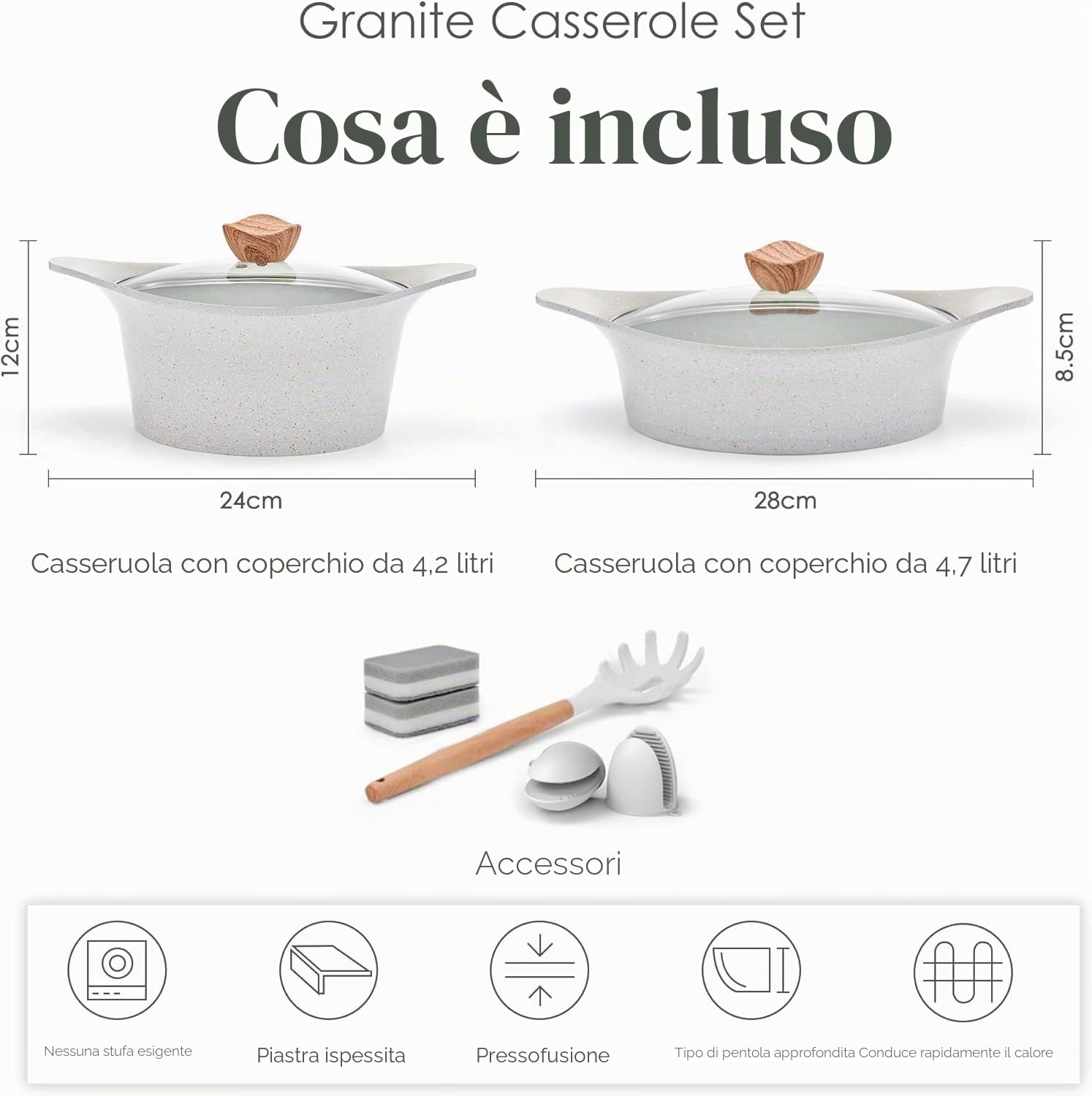 RIOVARM Induzione Set di pentole Antiaderente Granito Casserole con coperchi Nessun PFOA 2 Pezzi Pentole universali Multiuso Cucina Pentole da cucina