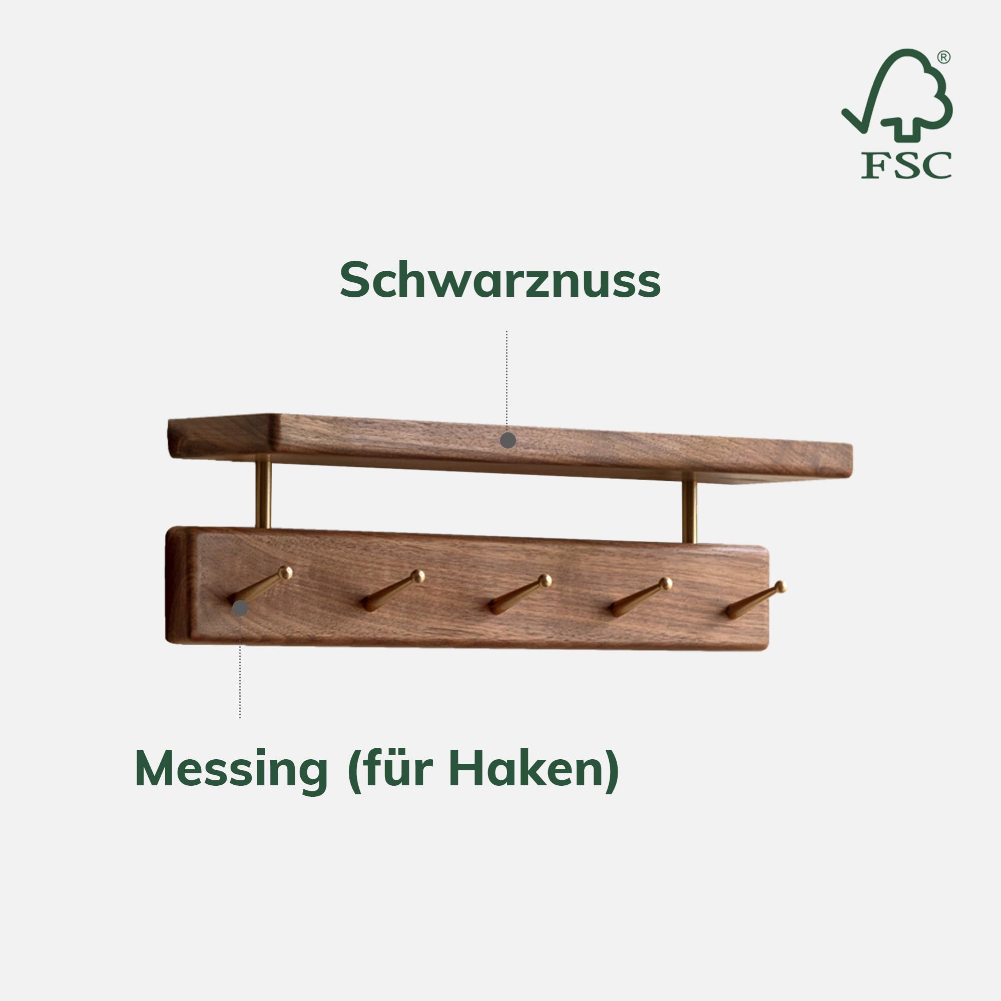 YESWOOD Wandgarderobe aus massivem Nussbaum, 2-in-1 Wandregal & Garderobe, Garderobenleiste für Kleidung, Hüte und Handtücher, 5 Messinghaken, Walnuss