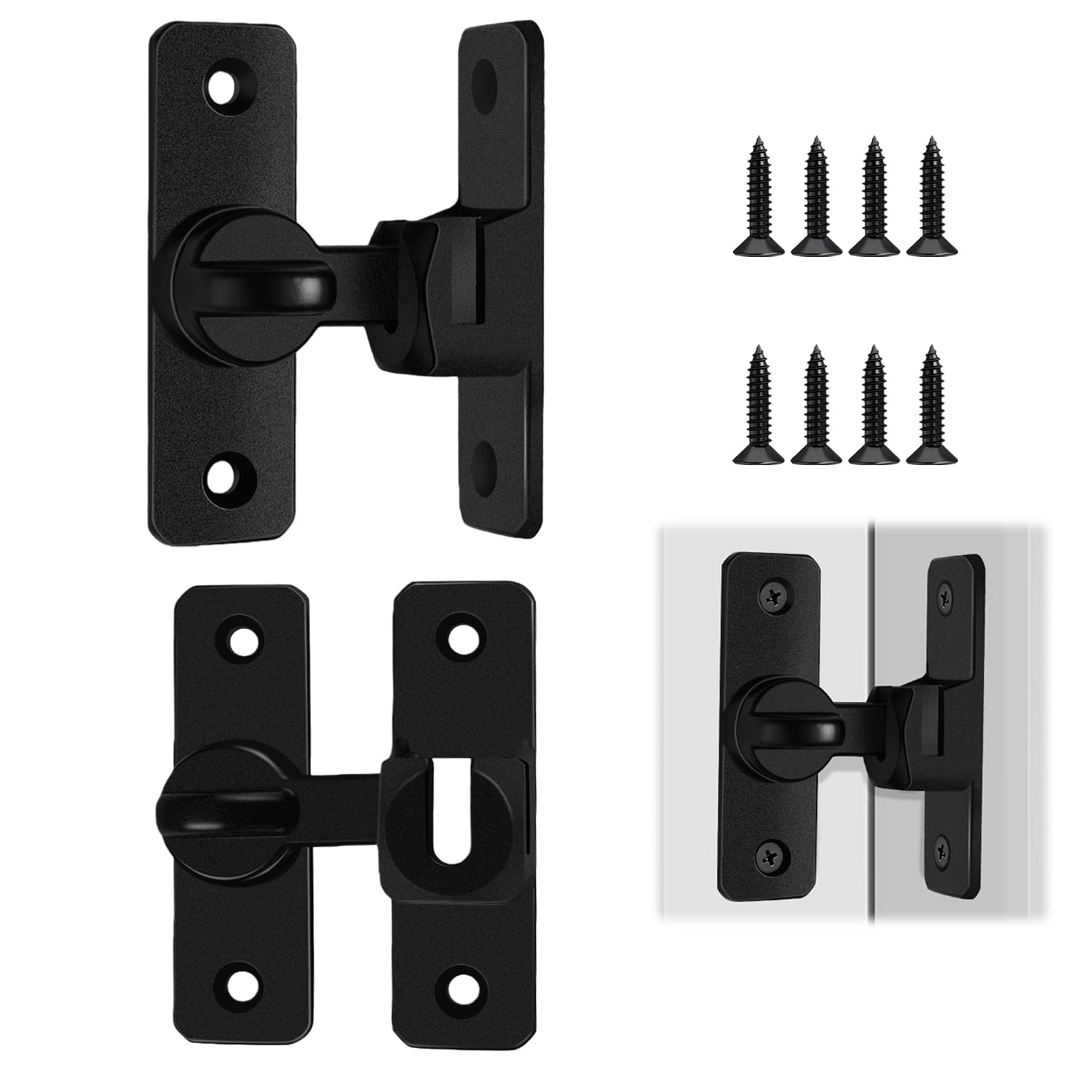 2Pack Black Aluminum Alloy Door Lock, 90/180 Degree Universal Door Latch Flip Lock with Screws for Bathroom, Bedroom, Cabinet, Shed, Patio Doors Locks and Gate Security