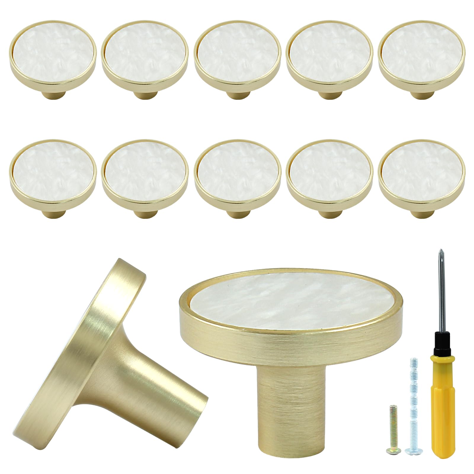 Bonsicoky 12 pomos dorados para cajones de cómoda, tiradores redondos para gabinetes de cocina, armarios, puertas, muebles, decoración, color blanco | Para armario de cocina, puerta de armario, muebles decorativos