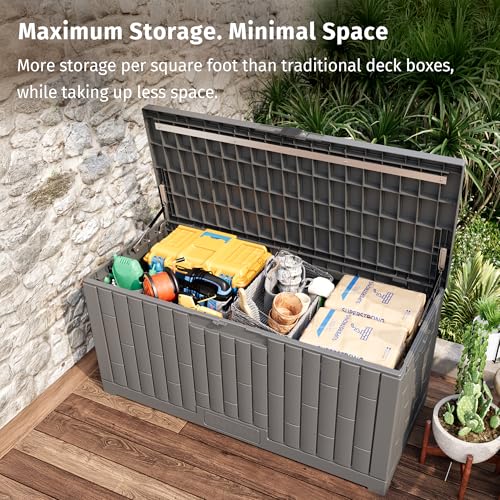 Image of EAST OAK 120 Gallon Outdoor Storage Box | Large Resin Deck Box with Reinforced Stainless Steel Support | Waterproof & UV-Resistant Patio Storage Box for Cushions, Garden Tools & Accessories, Grey