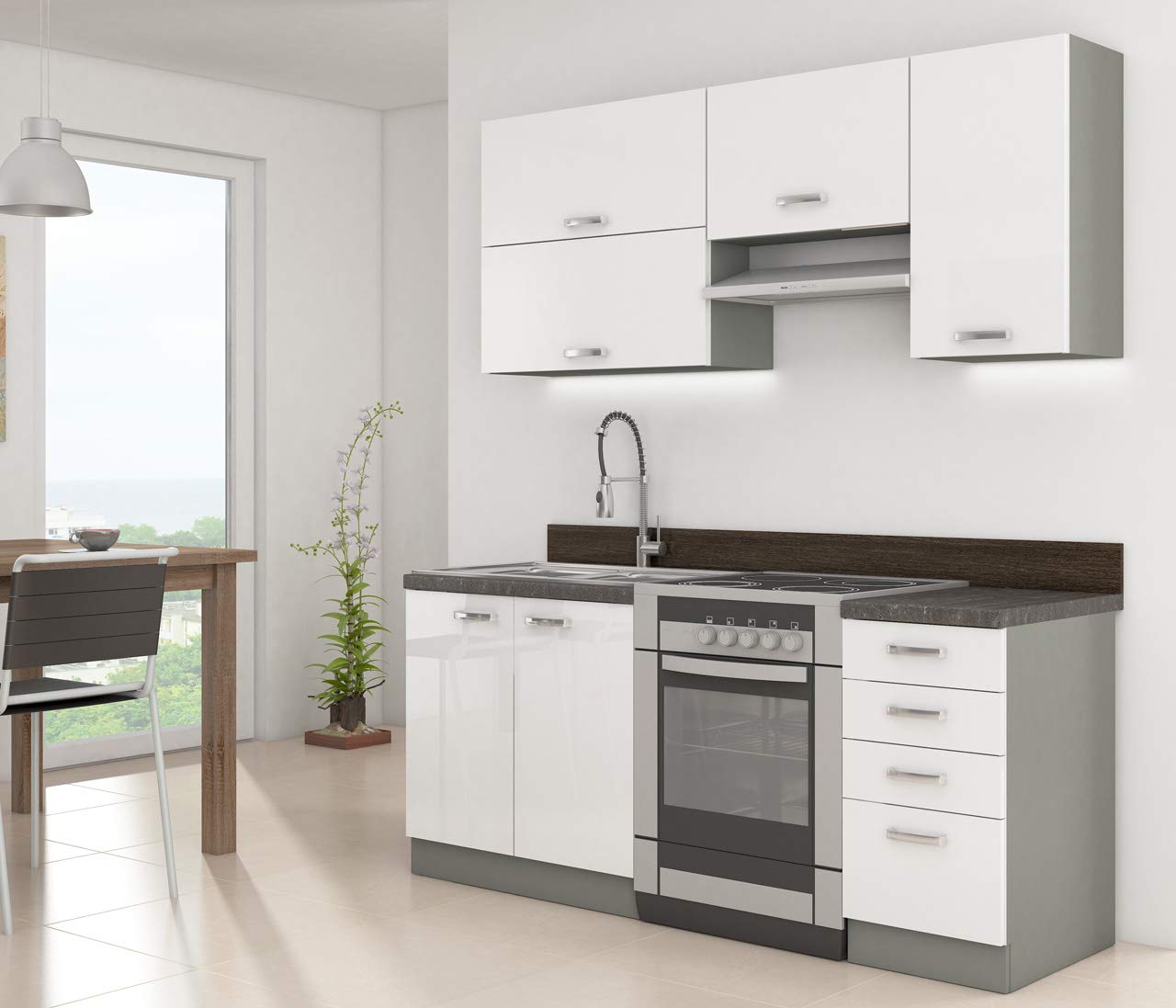 Mirjan24 Küche Multiline II, 180 cm Küchenblock/Küchenzeile mit Arbeitsplatte und Spülbecken, 5 Schrank-Module frei kombinierbar (Grau/Weiß Hochglanz; mit LED Beleuchtung)
