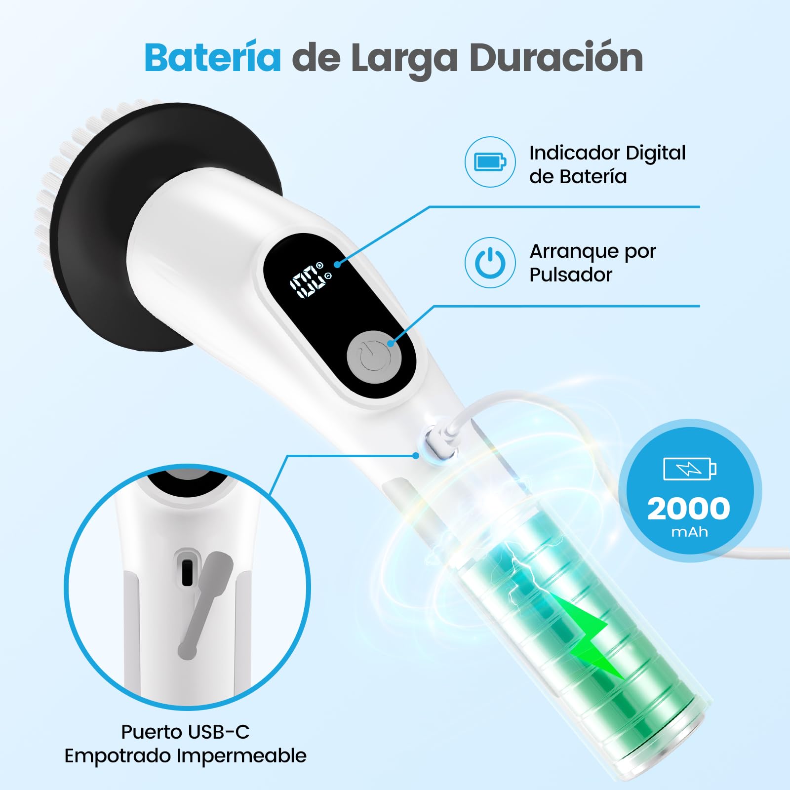 Cepillo Electrico Limpieza Hogar con 8 Cabezales Reemplazables,Cepillo Limpieza Electric Ajustable, Cepillo para Limpieza IPX6,Fregadora Giratoria Eléctrica del Hogar, Baño,Suelos
