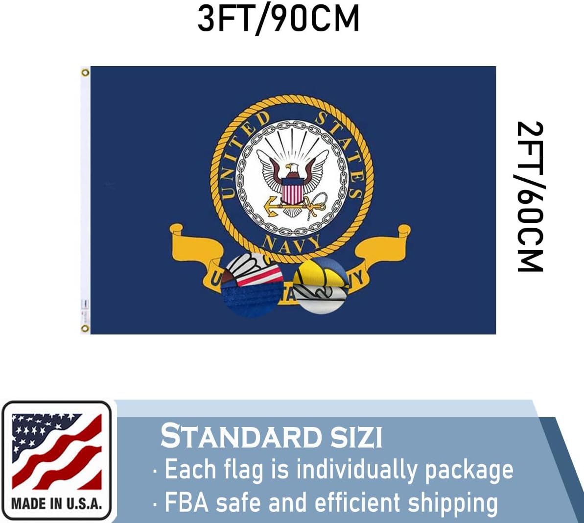 Navy Emblem Flag 2x3 FT Heavy Duty Vibrant colors Double Sided Navy Naval Military Flag with 2 Brass Grommets for Home/Company/Indoor Outdoor Decoration