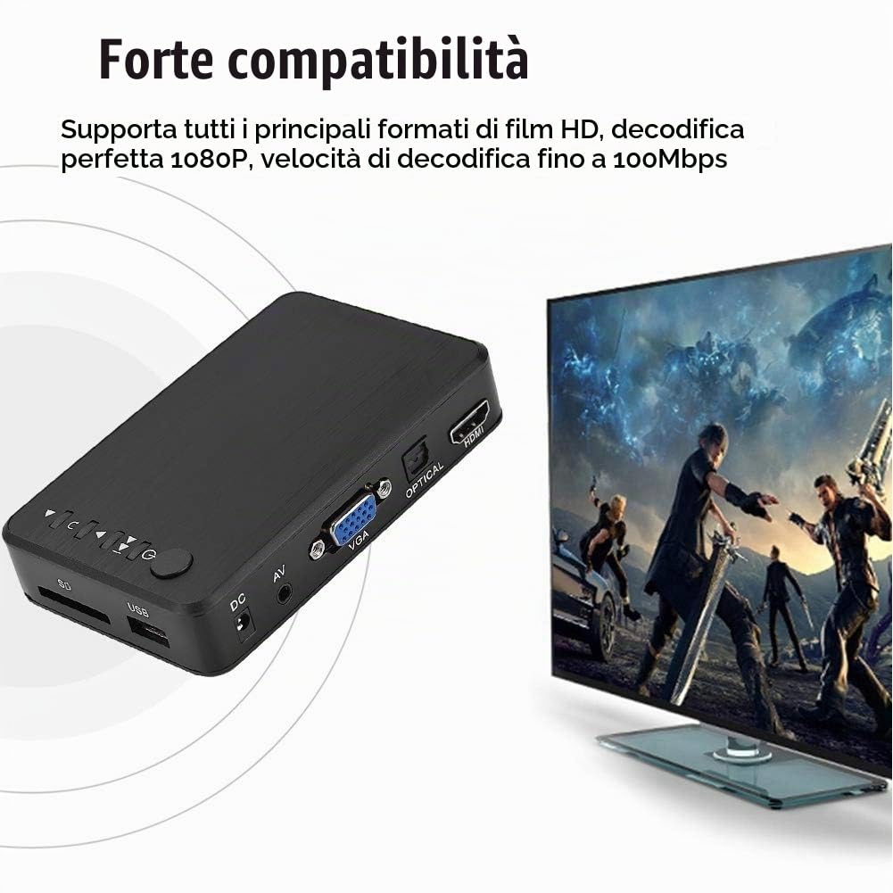 Lettore Multimediale, HDMI 1080P Audio e Video HD con Telecomando IR 110 V-240 V, Riproduzione di Film/Musica/Foto/File Direttamente Sulla TV(Unione Europea)