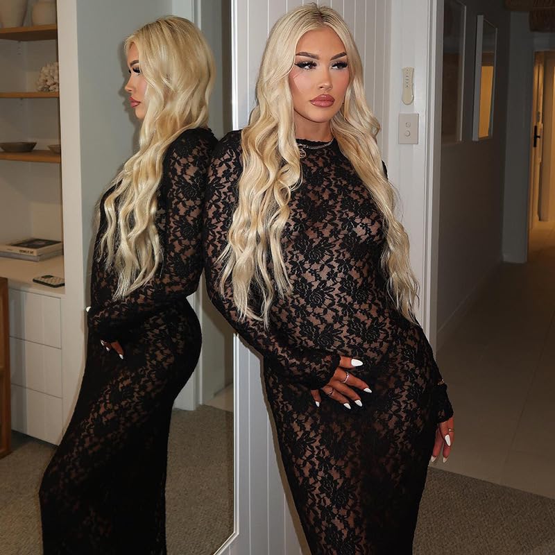 Suillty Women's Elegant Floral Lace Long Sleeve Maxi Dress MeshSee Through Bodycon Y2K Party Club Outfit3