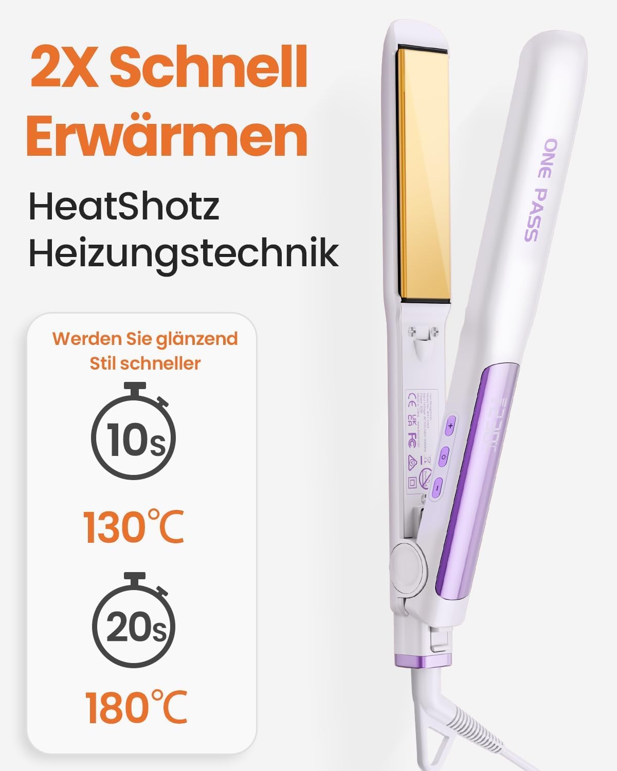 Faszin 2 in 1 Glätteisen Locken und Glätten, Titanplatten Ionen Haarglätter für einen glatten Stil, 20s Schnellaufheizung, 3D-Schwebepanel verhindert Haarziehen, mit LCD-Display, 130°C-230°C - Weiß