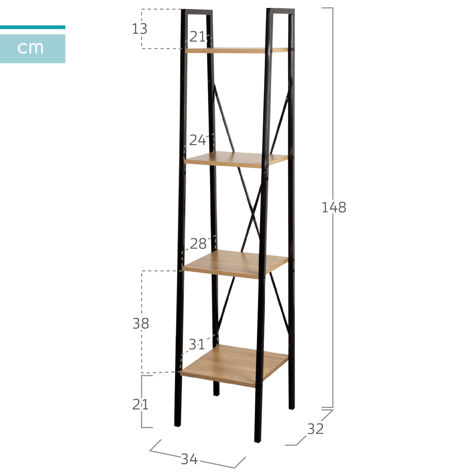 AKTIVE 18418 MAX Home Estantería almacenaje, 4 estantes, 34 x 32 x 148 cm, De Acero y Madera, Fácil Montaje, Resistente y Duradera, Diseño en Escalera, Muebles de salón, Librería