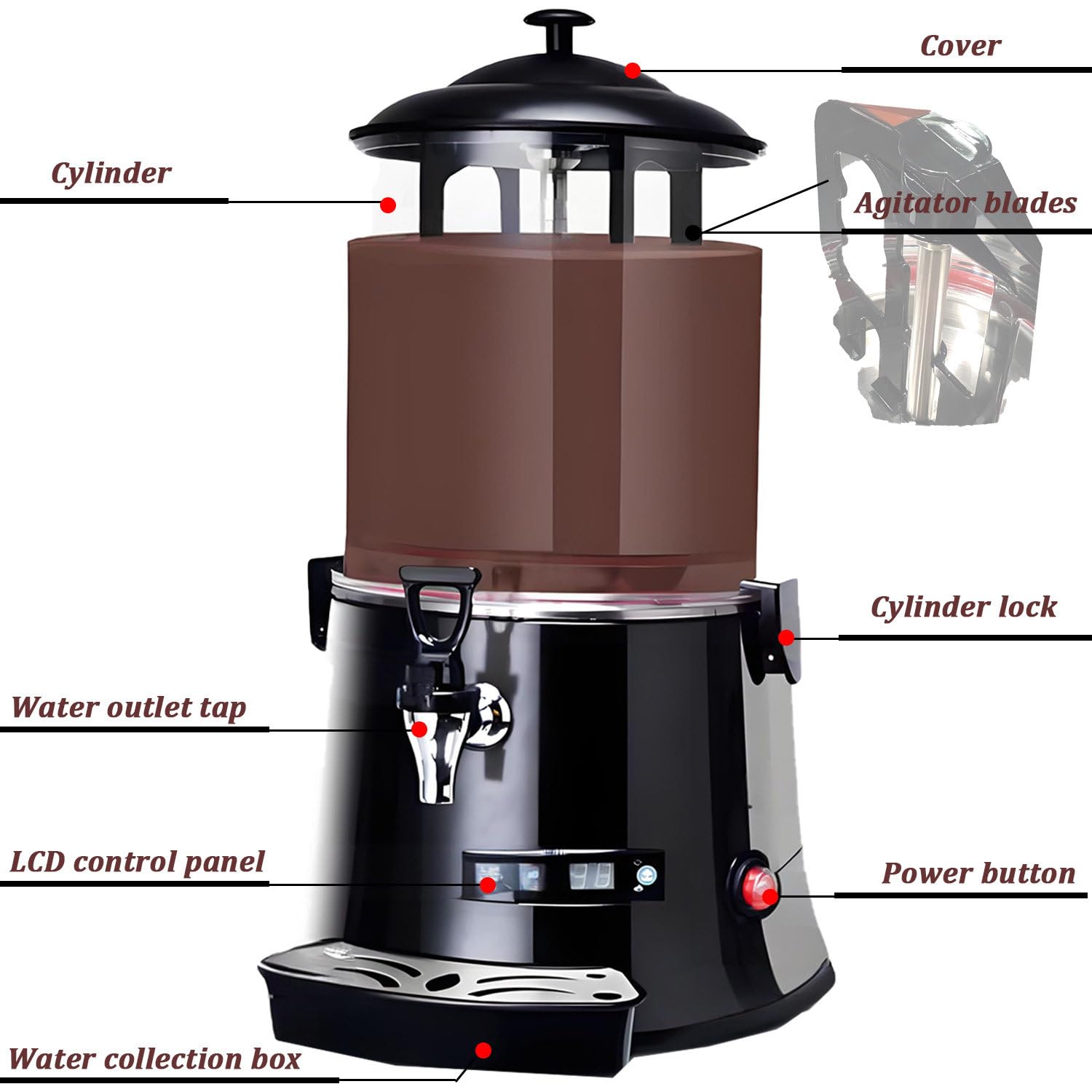 Mezcladora de Chocolate eléctrica de 400 W con Pantalla LED Red-5L | Dispensador de bebidas con calefacción y control de temperatura de 30 a 90 °C, ideal para cafeterías y hoteles.