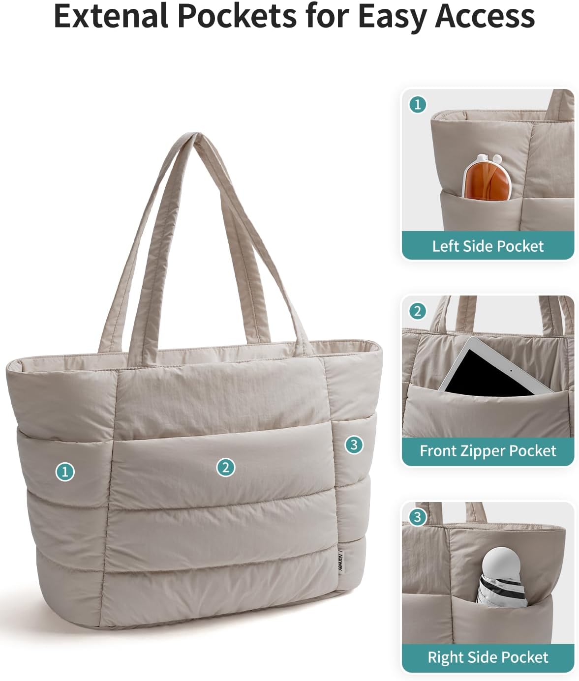 Narwey Nylon Puffer Tote Bag for Women, Puffy Work Nurse Teacher Tote Bag, Quilted Shoulder Bag for Travel, Gym, Gifts