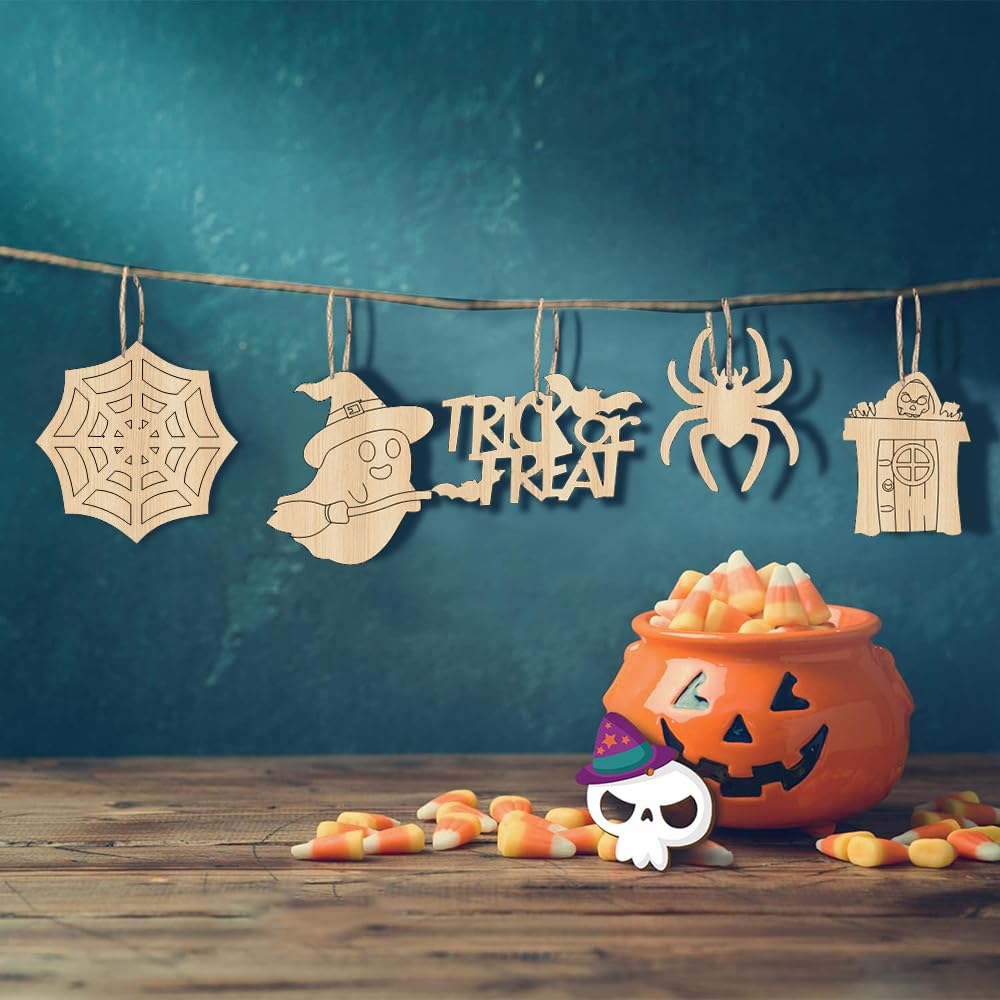 Furuising 24 Pezzi Decorazioni in Legno per Halloween, 12 Stili Artigianato in Legno, Appendere per Halloween in Legno, Halloween da Decorare con spago, penne colorate per Feste Regali di Halloween