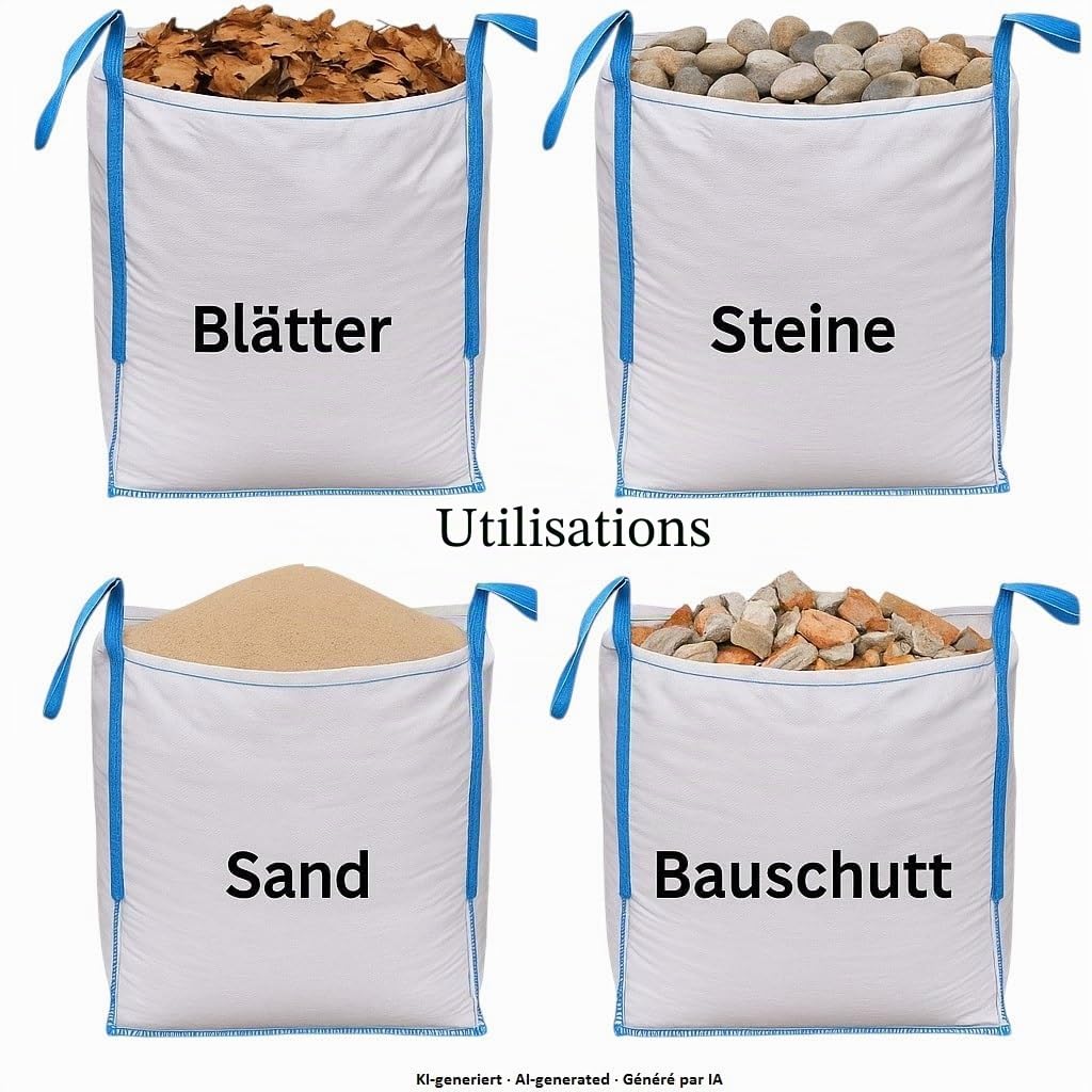 Lot de 5 grands sacs 90 x 90 x 90 cm, capacité de charge de 1000 kg, 4 passants, sacs pour gravats, bois, déchets de jardin, sable, pierres, sacs à gravats
