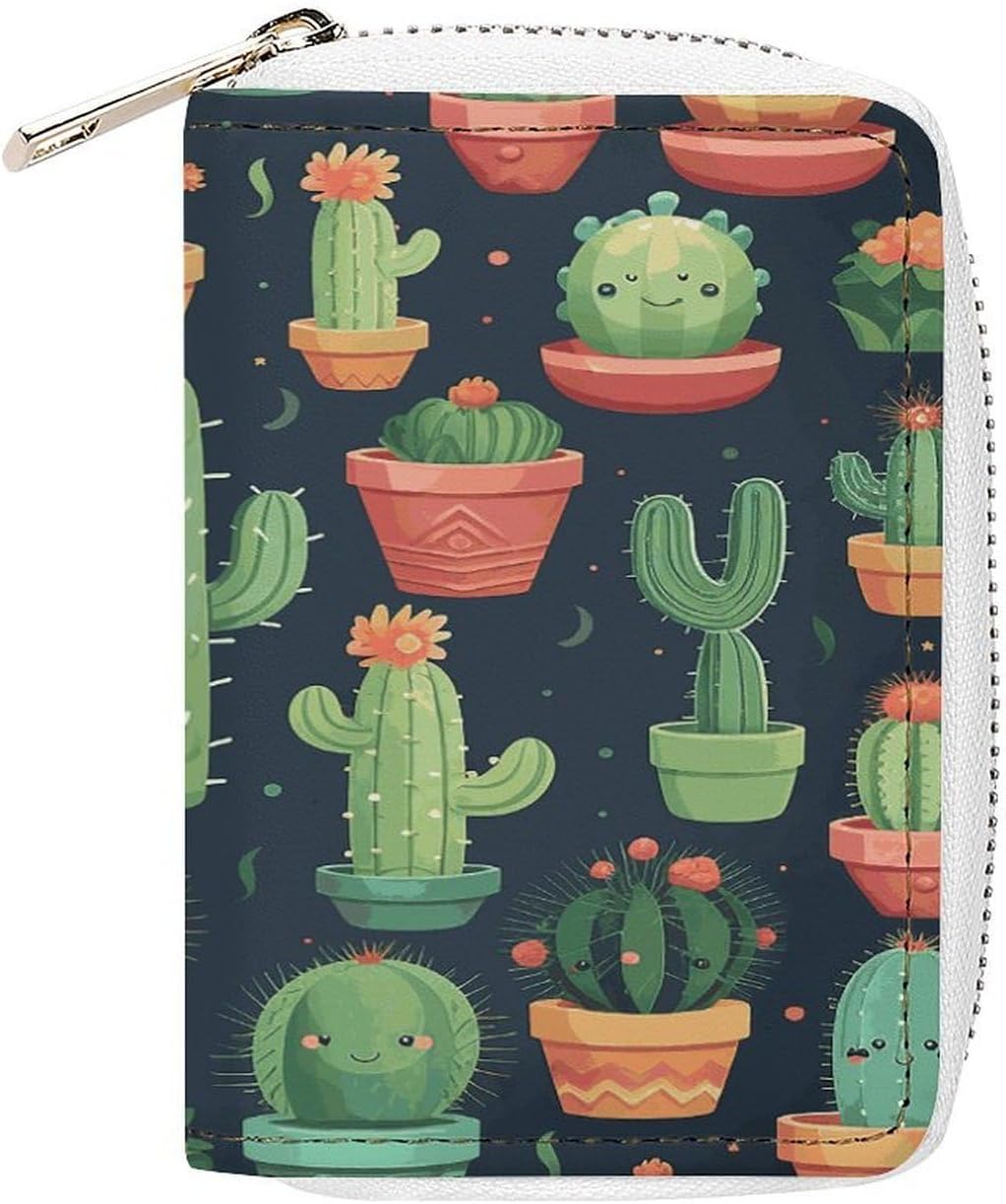 Cute Cactus Seamless Illustration Card Holder RFID Blocking,Credit Card Wallet for Women And Men,Card Case Organizer Bag with Zipper