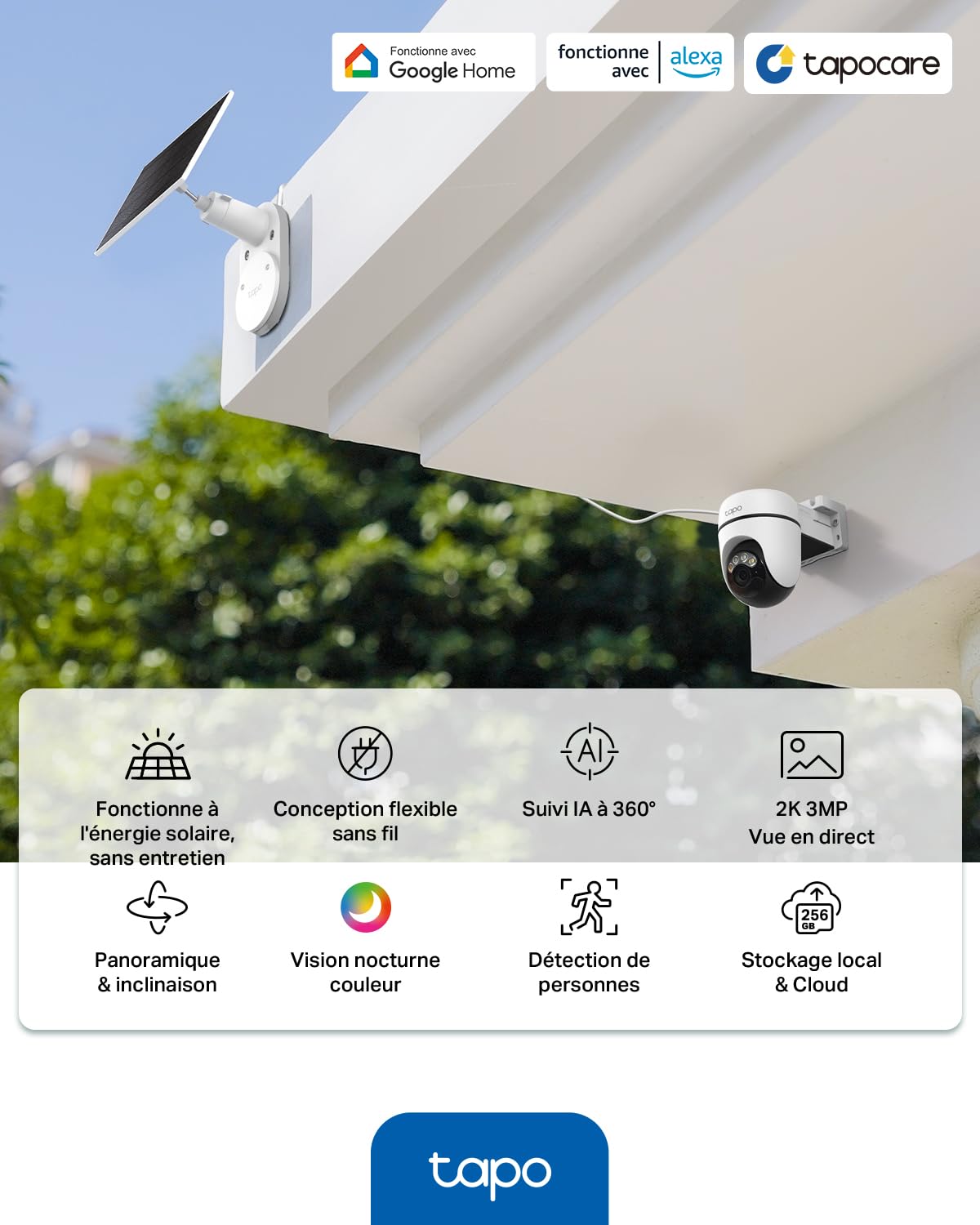 Tapo C610 Kit 2K 3MP Caméra WiFi Extérieur sans Fil Panneau Solaire 360° PTZ Surveillance Batterie 6700mAh Détection Humaine Vision Nocturne Couleurs Suivi AI IP65