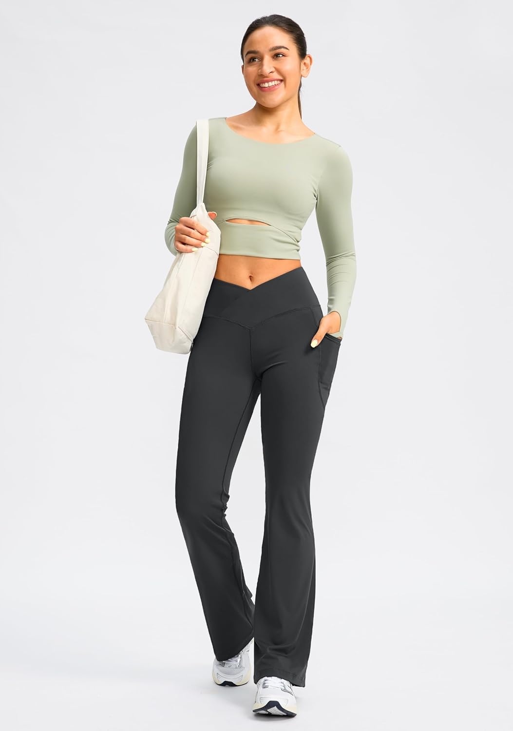 G Gradual Women's Flare Leggings Crossover Yoga Pants 29"/30.5"/32" High Waist Bell Bottom Pants for Women with Pockets(Dark Grey-New,30.5-M) - Image 6