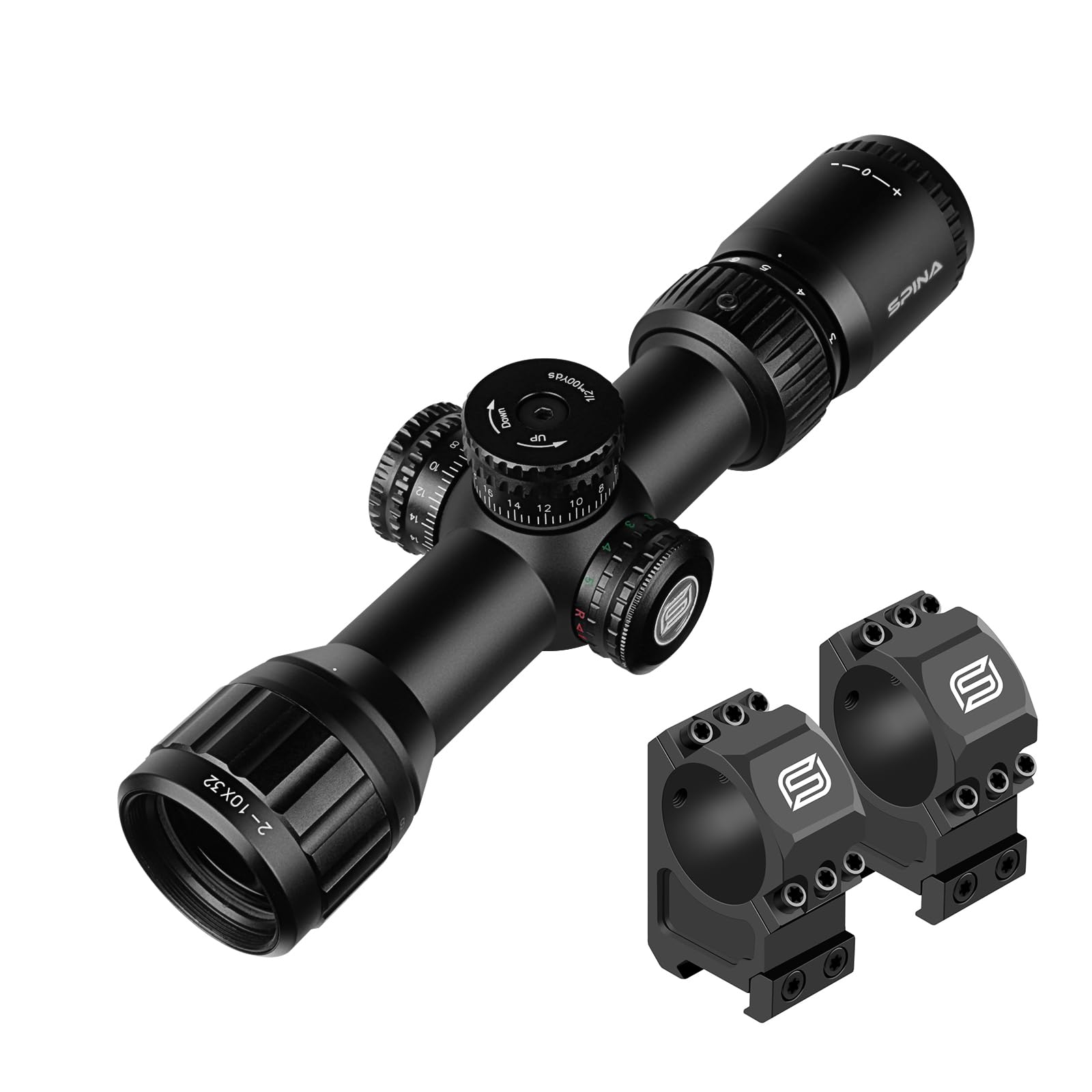 SPINA OPTICS IronClaw 2-10x32 AO Lunette de visée avec réticule illuminé Rouge et Vert 5 Niveaux,Tube de 30mm, Plans focaux Secondaires Lunettes de tir